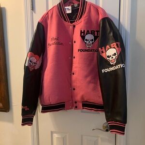 Pink and Black Varsity Jacket with Embroidered Patches